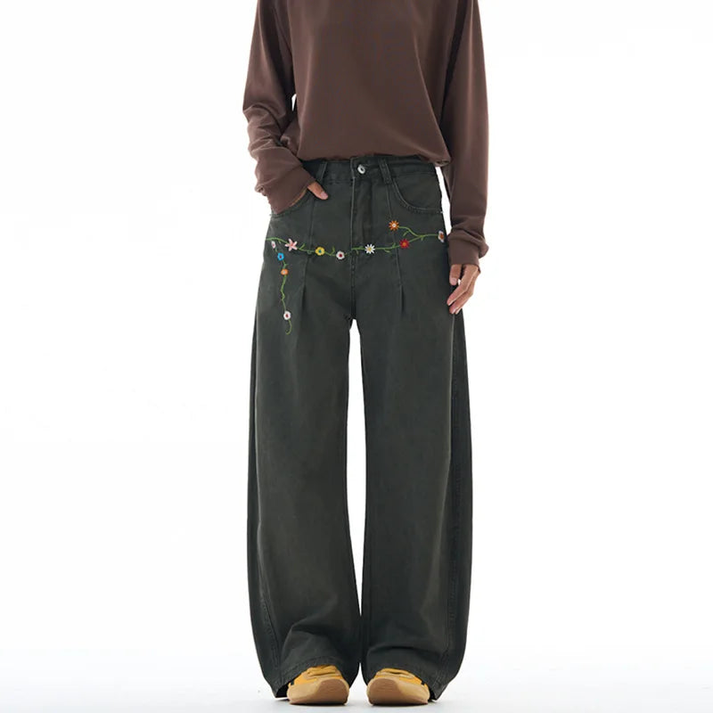 Retro Floral Embroidered Demin