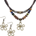 Wood Beaded Necklace and Flower Earrings Set