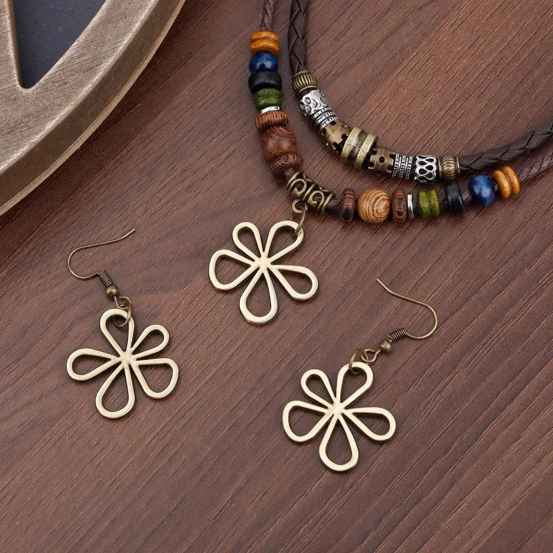 Wood Beaded Necklace and Flower Earrings Set