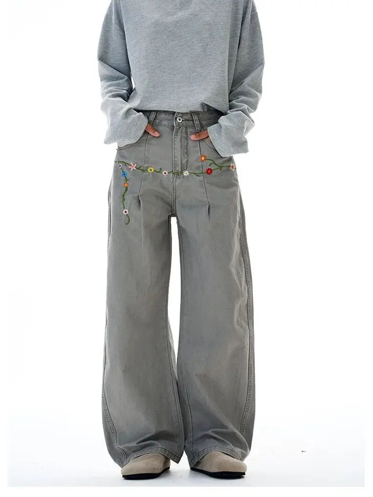 Retro Floral Embroidered Demin