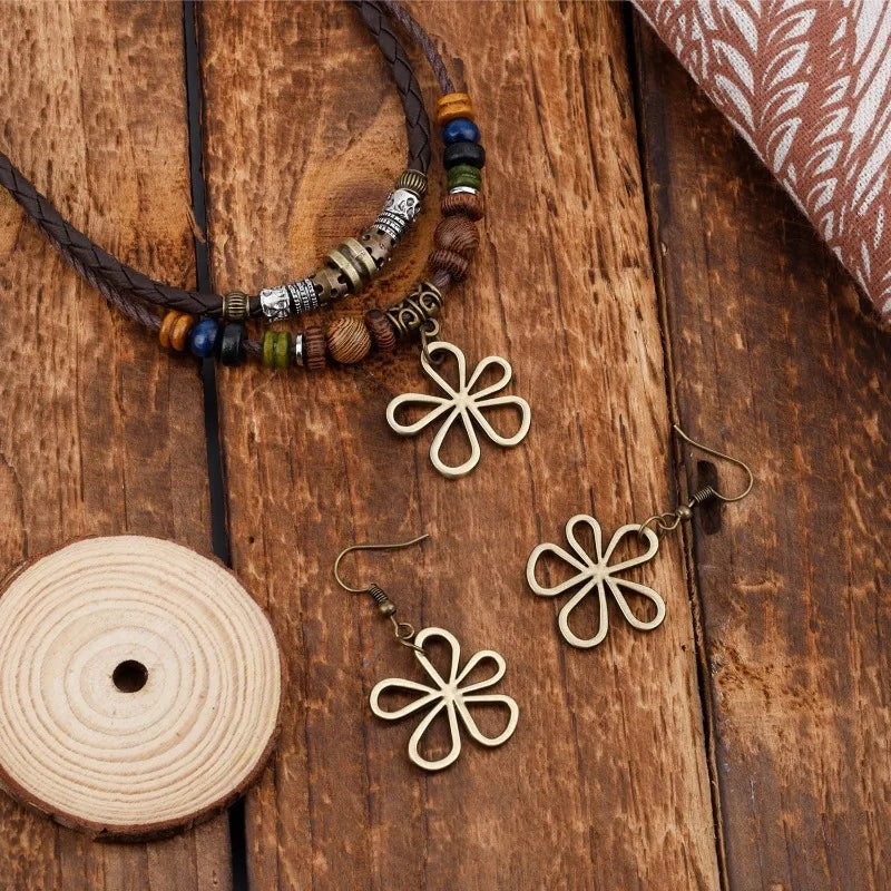 Wood Beaded Necklace and Flower Earrings Set